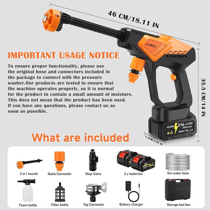 Cordless Portable Washer Battery Powered, 6 in 1 Nozzle Handheld Washer with Tap Connector, 2 Batteries, 800PSI Lightweight Car Washer with 16ft(5m) Hose for Home & Outdoor Patio Garden