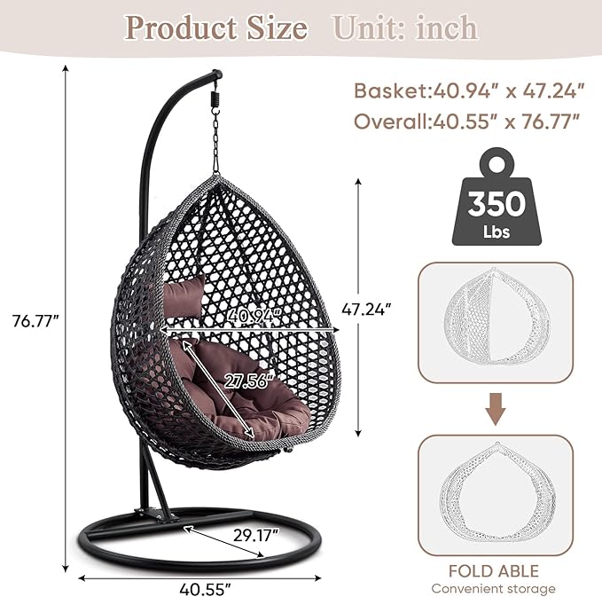 Hanging Egg Swing Chair with Stand, Rattan Wicker Hanging Egg Chair Hammock Indoor with Cushions, Swinging Chair for Bedroom Outdoor Patio Balcony Backyard Sunroom Heavy Duty 350LBS (Black)