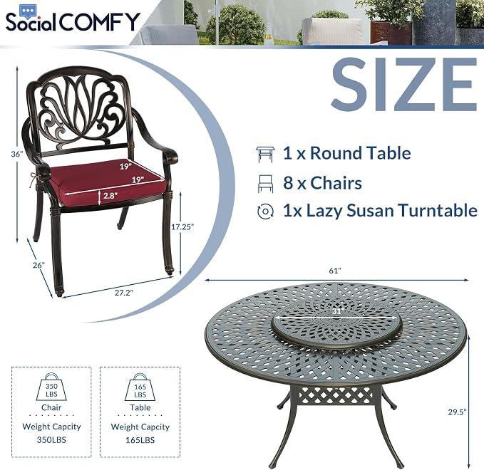 9-Piece Patio Cast Aluminum Dining Set, 8 Person Outdoor Dining Furniture Set, Includes 8 Cushioned Chairs and 61" Large Round Dining Table with 31" Lazy Susan, Umbrella Hole, Red