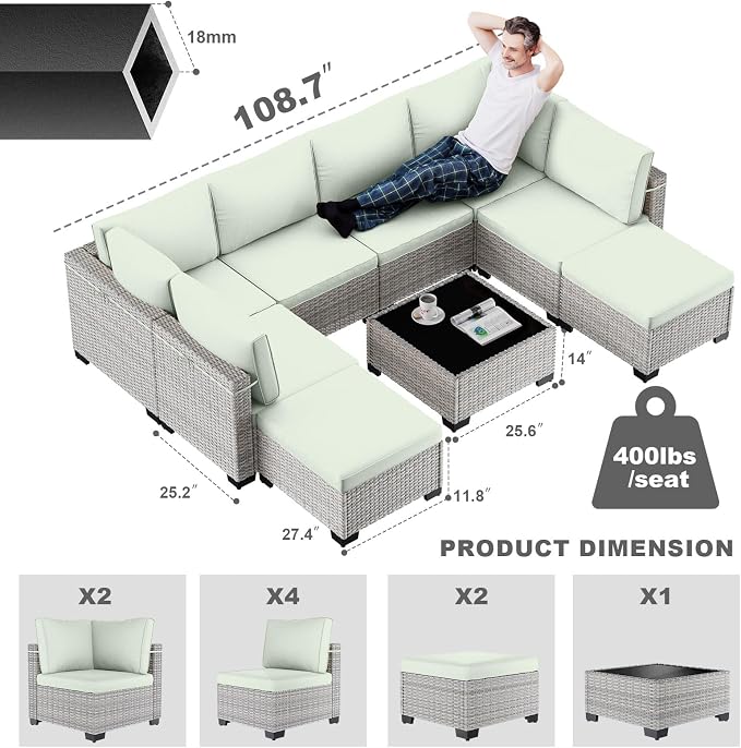 9-Piece Patio Furniture Set, Outdoor Sectional with Ottomans, Modular Patio Sofa, Dual-Strand Wicker Rattan, Rust-Resistant Frame, Backyard Furniture for Garden, Deck, Light Green