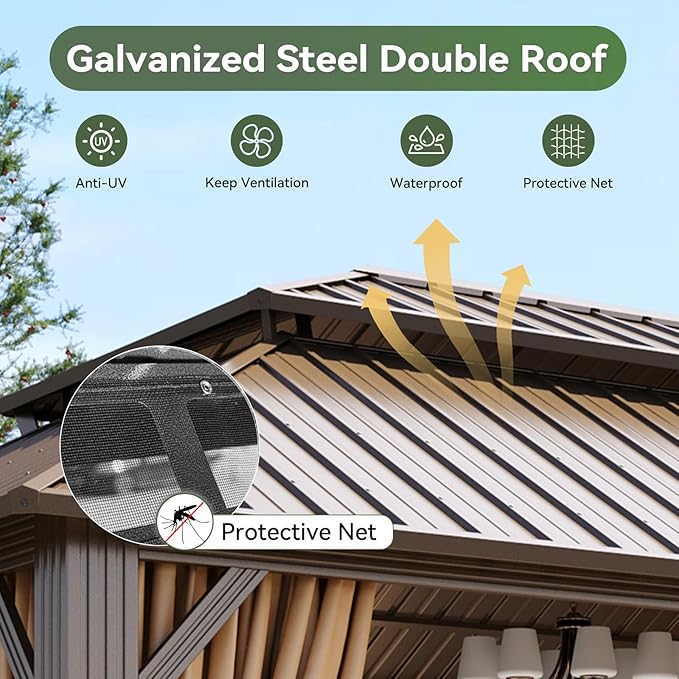 Aoxun 12x16 Gazebo Hardtop Gazebo with Double Galvanized Steel Roof Outdoor Metal Gazebo Pavilion with Breathable Netting and Privacy Curtain for Patio, Lawn, Deck, and Backyard (Brown)