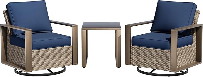 Outdoor Swivel Rocker Metal Chairs Set of 2 with Small Coffee Table - 3 Pieces Patio Bistro Set with Rectangular Framed Wood-Looking Metal Armrest, 360 Degree Glider Chairs, Dark Blue