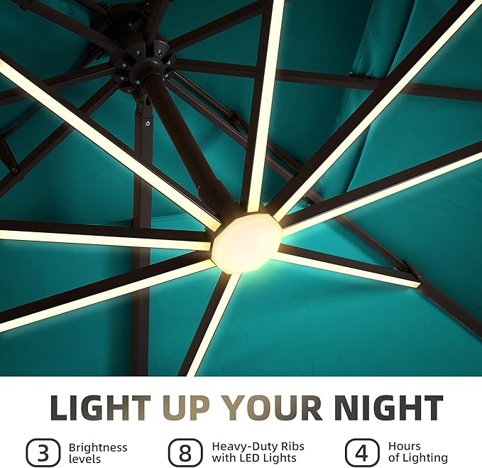 9 X 12 FT Cantilever Patio Umbrella with Led Lights Outdoor Heavy Duty Double Top Rectangle Offset Umbrellas with 360-degree Rotation for Pool Deck Backyard, Turquoise