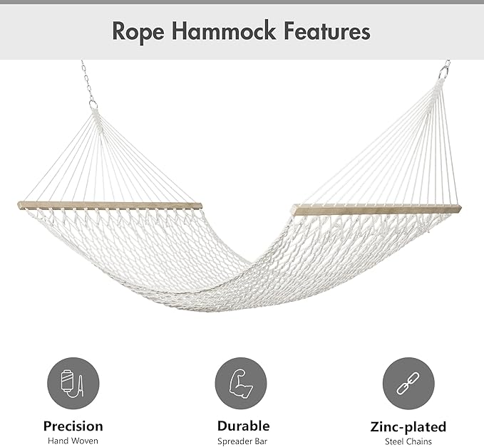ANOW Heavy Duty Curved Wood Arc Stand with 2 Person Rope Hammock, 13.5FT Larch Wood Stand with 2 Chains, 4 Balance Ropes and 4 Carabiners, Includes Cream Hammock with Spreader Bars