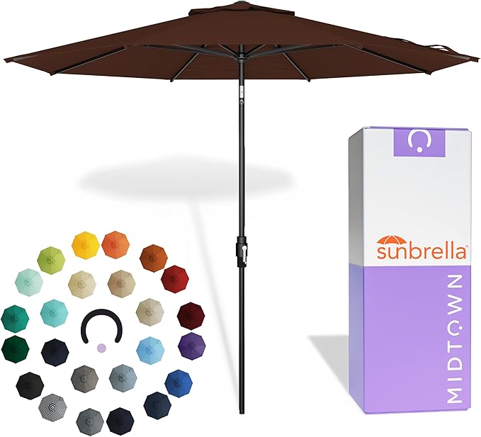 Midtown Umbrellas – The Swilt 9 Ft Patio Umbrella with 360° Swivel & Tilt Mechanism, Sunbrella Fabric & 8 Fiberglass Ribs – Outdoor Umbrella for Deck, Pool & Cafes – Bay Brown Canopy, Black Pole
