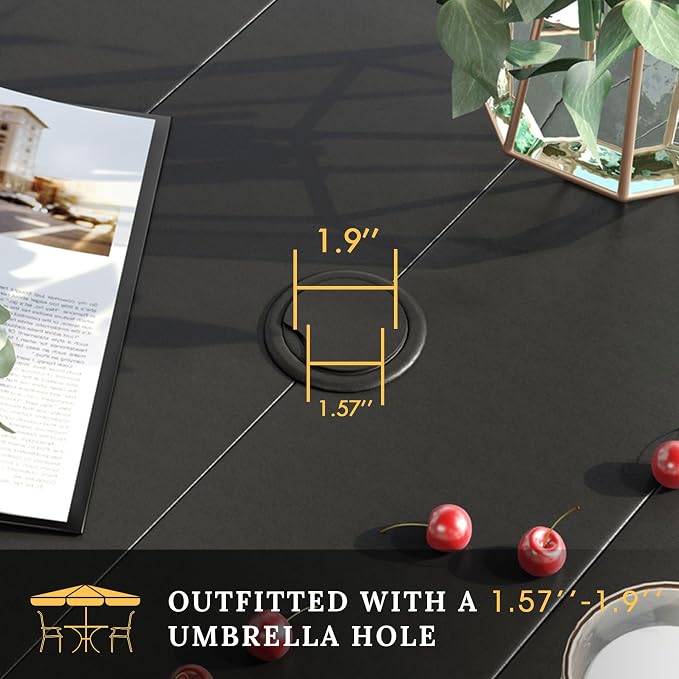 VICLLAX 63" Rectangle Outdoor Dining Table for 6, Patio Table with Umbrella Hole, All Weather Metal Patio Tables, Black Tabletop