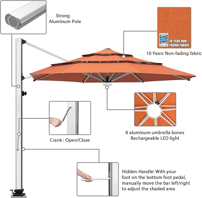 EliteShade USA APOLLO 3-Tier 11FT Full Aluminum Cantilever Patio Umbrella for Outdoor Restaurant Garden Courtyard Deck Pool and Marketing with Light (No battery), Rust
