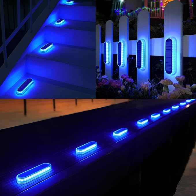 YiLaie Blue Solar Lights for Outside Auto ON/Off, Small Stick on Solar Strip Lights Outdoor Waterproof for Stair Boat Dock Driveway Deck Solar Powered (8 Pack)