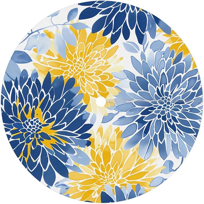 OSAM SPACE Outdoor Tablecloth with Umbrella Hole, Round Elastic Fitted Table Cloth with Invisible Zipper,Blue Yellow Chrysanthemum Flower Picnic Patio Table Cover 36-44in