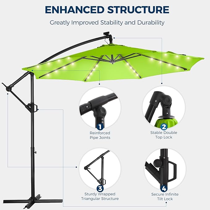 HOMSHADE 10ft Solar Lights Offset Cantilever Patio Umbrella - with Light and Base, LED Lighted Offset Hanging Patio Outdoor Market Umbrella UPF50+ UV Protection with Easy Tilt and Crank (Apple Green)