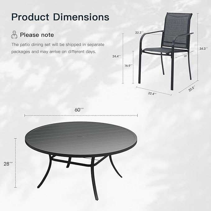 VICLLAX 11 Pieces Patio Outdoor Dining Set, 60" Round Metal Table with Umbrella Hole and 10 Stackable Textilene Chairs for Patio, Lawn, Garden, Porch, Black/Grey
