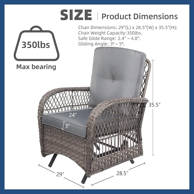 Outdoor Wicker Glider Rocker Chair Set of 2, Patio Rattan Gliding Rocking Chairs with Thickened Cushions, All-Weather Wicker Furniture Sets for Porch Garden & Backyard, Gray
