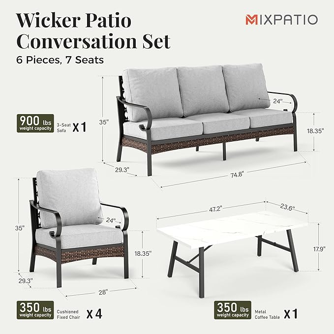Patio Furniture Set with Coffee Table, Outdoor Conversation Set with 4 x Fixed Chairs, 1 x 3-Seat Sofa for Lawn Garden Backyard, Light Grey