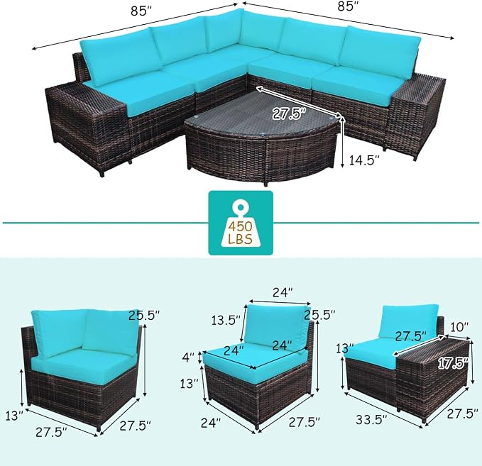 Tangkula 6 Piece Wicker Patio Furniture Set, Outdoor All Weather PE Rattan Conversation Set w/Tempered Glass Coffee Table, Sectional Sofa Set w/Comfortable Cushions for Backyard, Garden (Turquoise)