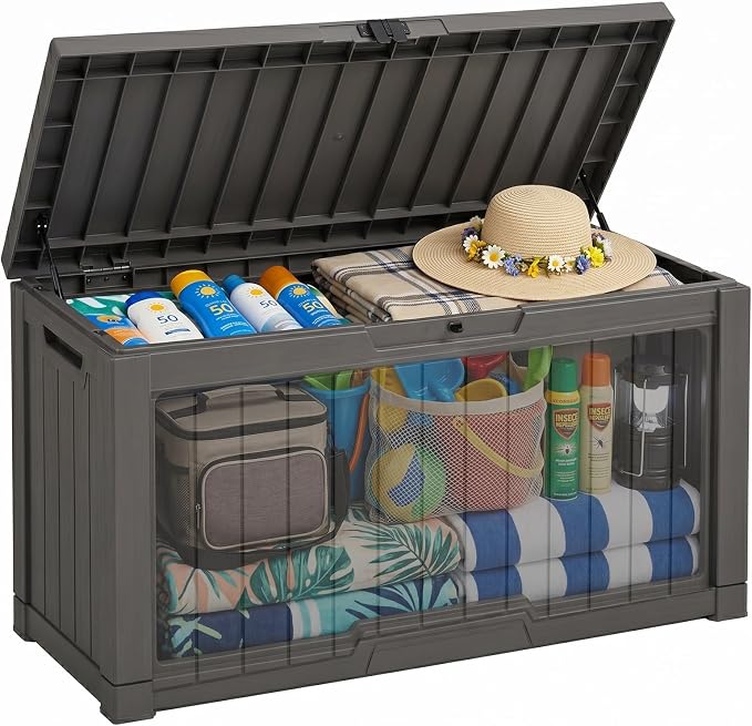 Outdoor Storage Box, Waterproof Deck Box with Buckle Lock, Patio Storage Box for Cushions and Outdoor Toy Storage, 30/60/80/100/120 Gallon PP Bench or Side Table for Patio Garden Backyard(100 Gallon)