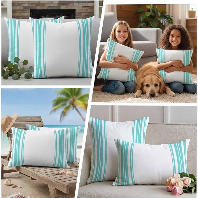 Outdoor Waterproof Throw Pillow Covers Set of 2 Turquoise Stripes Pillowcases 16x16 Inches White Vertical Striped Decorative Pillows Cushion Case Patio Pillows for Couch Bed Chair Garden