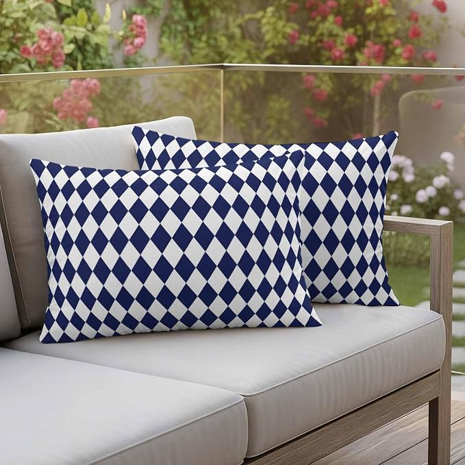 Modern Geometric Buffalo Plaid Outdoor Pillow Covers Set of 2,Decorative Waterproof Throw Pillow Case,Abstract Blue White Diamond Cotton Linen Soft Cozy Cushion Pillowcases