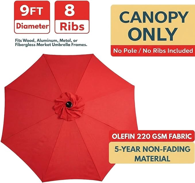 Sfmora OLEFIN 5-Year Non Fading 9ft 8Ribs Patio Umbrella Replacement Canopy, Outdoor Umbrella Canopy, Umbrella Top ONLY (Color)