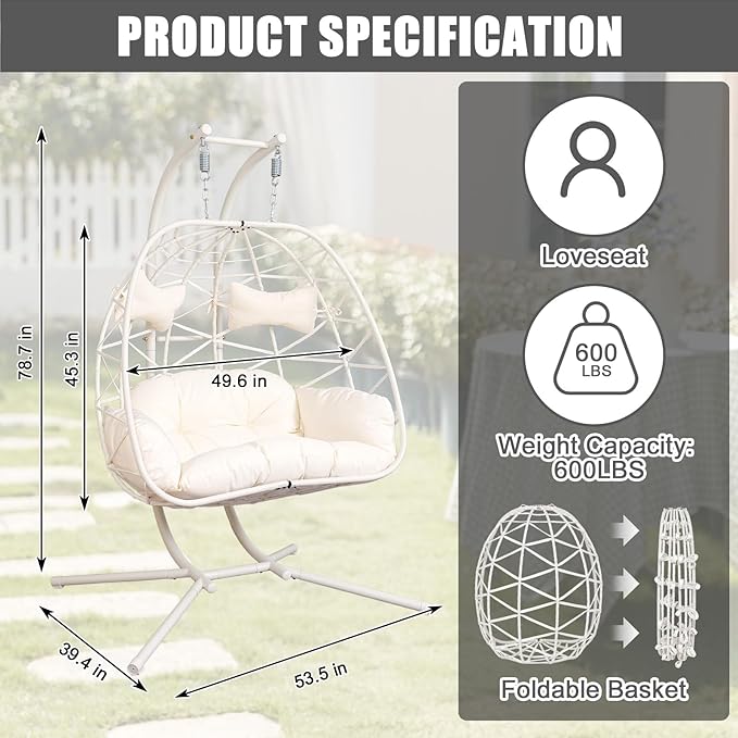 Double Egg-Shaped Hammock Chair with Stand Swing Egg Chair, Wicker Hanging Chair with Washable Cushion Sturdy Metal Stand, 600lbs Capacity for Indoor Outdoor Patio Living Room Etc(White+White)