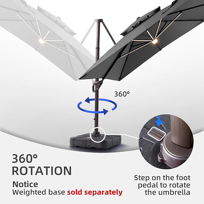 9 X 12 FT Cantilever Outdoor Patio Umbrella with Led Lights Heavy Duty Windproof Double Top Large Rectangle Offset Umbrellas with 360-degree Rotation for Garden Pool Deck Backyard, Grey