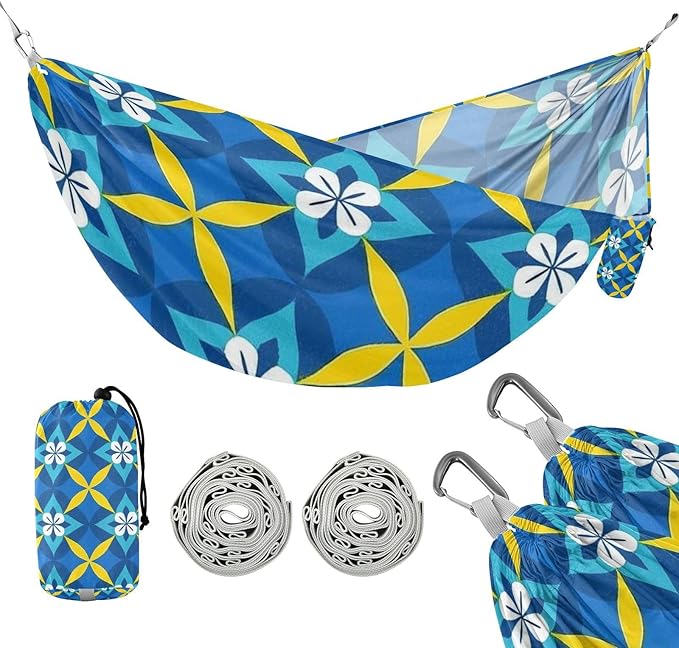 Blue and Yellow Japanese Vintage Flowers 330lb Capacity Hammocks with Portabl Carry Bag Rope Hammock for Outside Patio Backyard Poolside hamaca con soporte para adultos