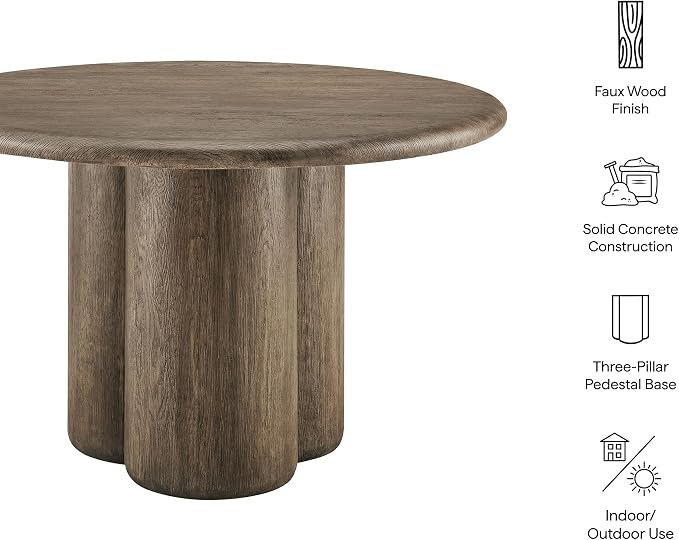 Modway Tori 48 Inch Round Concrete Outdoor Dining Table in Weathered Walnut - Modern Patio Bistro Table, Seats 4, for Backyard, Balcony, Sunroom, Deck, Or Indoors