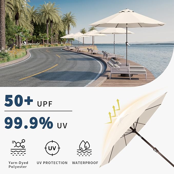 9FT Patio Umbrella Outdoor Table Umbrella w/Push Button Tilt and Crank, 8 Sturdy Ribs, UV Resistant Waterproof Market Umbrella for Pool, Deck, Backyard, Garden, Creamy White