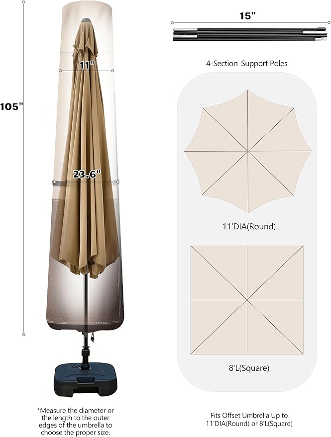 Vailge Patio Umbrella Cover for Market Umbrella 8-11 Feet, 600D Oxford Outdoor Umbrella Cover Waterproof Windproof, Patio & Outdoor Umbrella Cover with Support Pole, Storage Bag