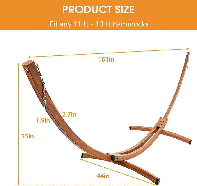 Lazy Daze Hammocks 13.5 Ft Arc Heavy Duty Steel Hammock Stand with Chains, 2 Person Weather-Resistant Curved Stand for Outside, Backyard, Patio, 500 Lbs Capacity, Wood Grain