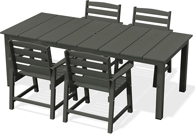 AreShark 5-Piece Outdoor Dining Set,HDPE Patio Table with 4 Armchairs,All-Weather Patio Furniture Set with Umbrella Hole,Low Maintenance Wood Grain Dining Set for Backyard,Garden,Poolside,Black