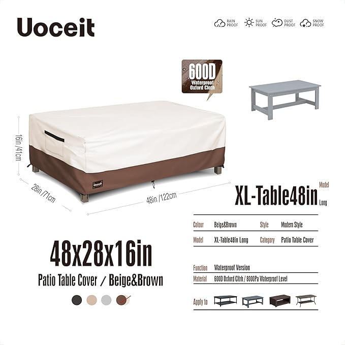 Patio Coffee Table Cover,48Wx28Dx16H Inches 100% Waterproof 600D Heavy Duty Outdoor Rectangular Side Table Cover,Beige&Brown Modern Style Outdoor Furniture Covers