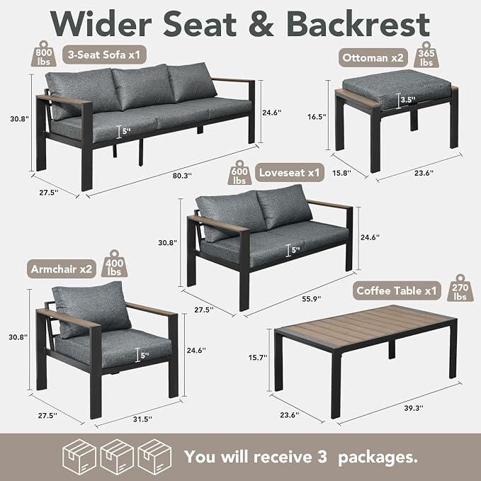 Outdoor Patio Furniture Set 9 Seats Luxury Aluminum Patio Conversation Set with Washable Thick Cushions, 7 Pieces Outdoor Sectional for Porch, Balcony, Deck, Yard, Gray