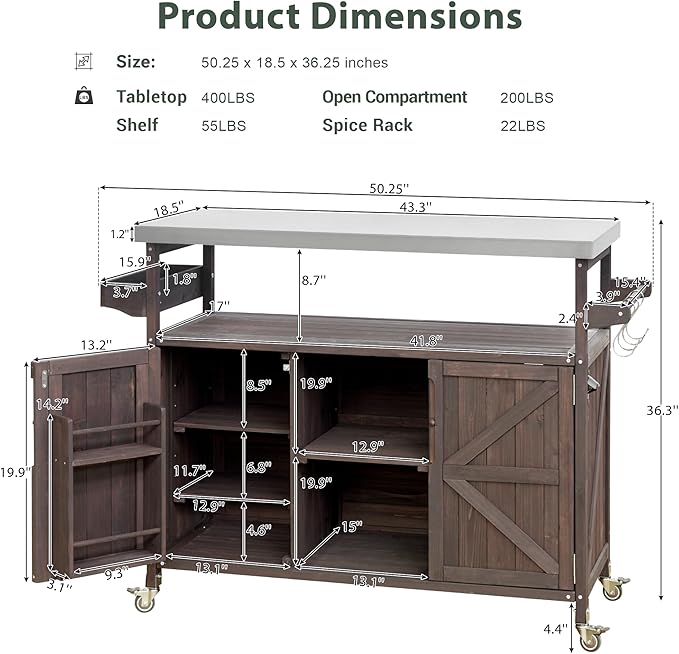 Large Outdoor Rolling Patio Bar Table Cart, Outdoor Kitchen Island Cart Grill Table, Farmhouse Solid Wood Outdoor Serving Cart Prep Table with Stainless Steel Top for Grill/Kitchen, Dark Brown
