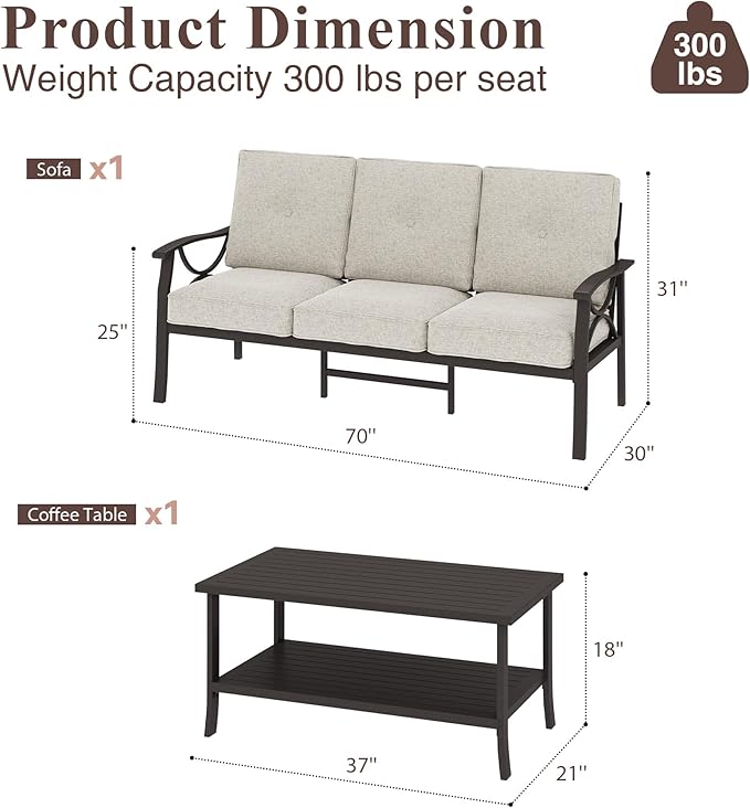 RoyalCraft Outdoor Patio Furniture Set, 2 Piece Patio Conversation Set, Metal Furniture Set with 3 seat Sofa for Porch Backyard, Khaki Metal Chair with Beige Cushions