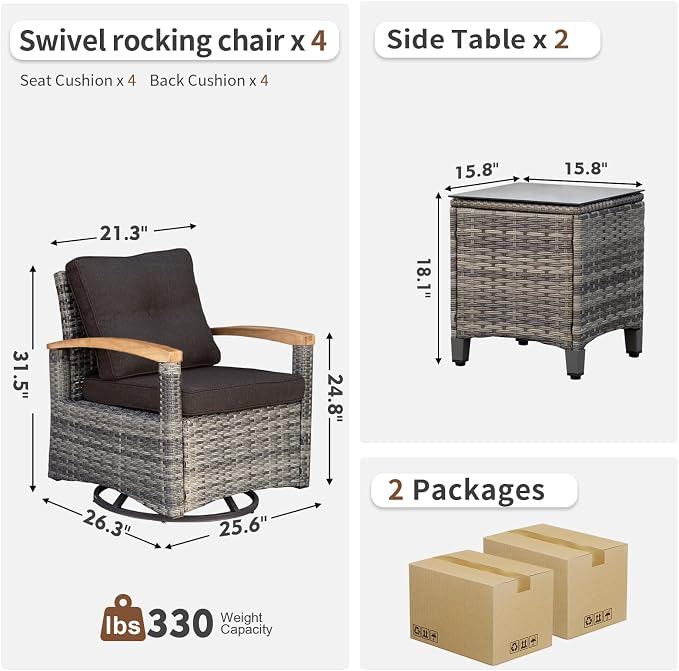 MEISSALIVVE 6 Pieces Patio Furniture Sets, Wicker Patio Conversation Sets with 4 Wood Armrests Swivel Glide Chairs，Outdoor Conversation Set for Deck Yard and Poolside (Black)