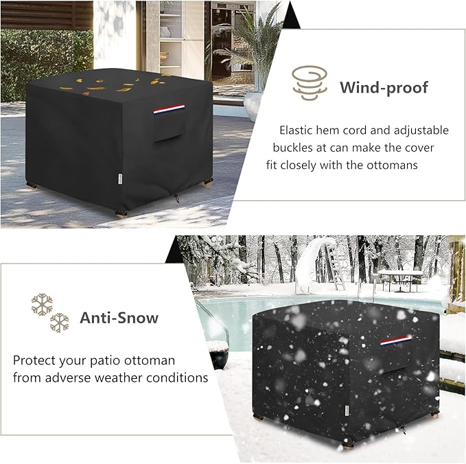 Patio Ottoman Cover Waterproof Heavy Duty Square Outdoor Ottoman Covers, 32W x 32D x 18H Inches Patio Furniture Covering Protector Outdoor Side Table Cover (Black)