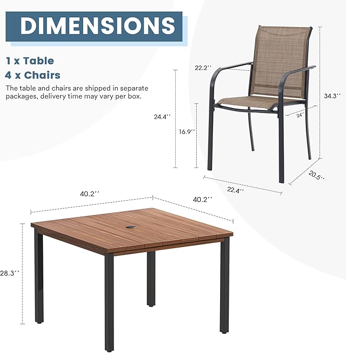 DIFY 5 Pieces Outdoor Dining Table Chair Set, Patio Dining Set with 1 Walnut Metal Square Table with Umbrella Hole & 4 Brown Stackable Curved Armrests Chairs for Lawn, Garden, Porch