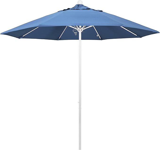 California Umbrella 9' Round Aluminum/Fiberglass Umbrella, Push Open, White Pole, Olefin Frost Blue Fabric