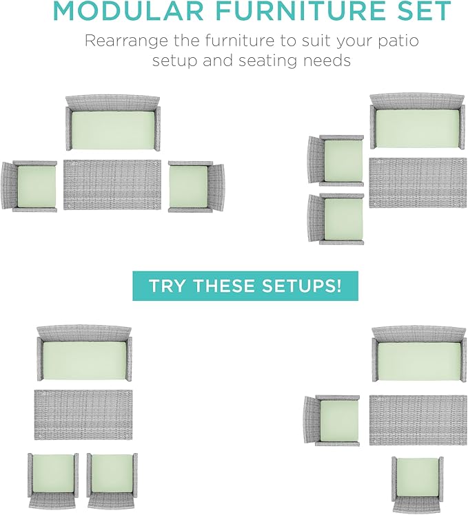 Best Choice Products 4-Piece Outdoor Wicker Patio Conversation Furniture Set for Backyard w/Coffee Table, Seat Cushions - Gray/Light Mint