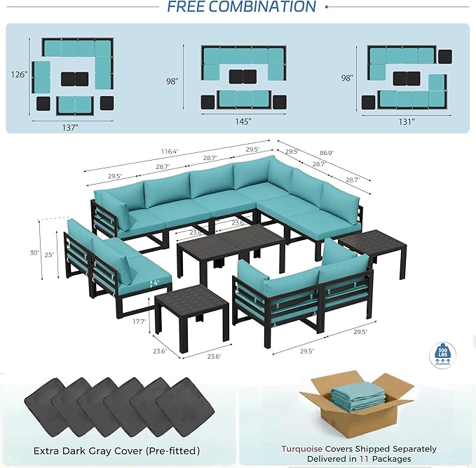 NICESOUL 14 Pcs Aluminum Patio Furniture Set for Large Groups, 500lbs Heavy Duty Outdoor Sectional Sofa with Coffee Table, L Shaped 29" Deep Wide Seating Conversation Couch for Garden Lawn, Turquoise