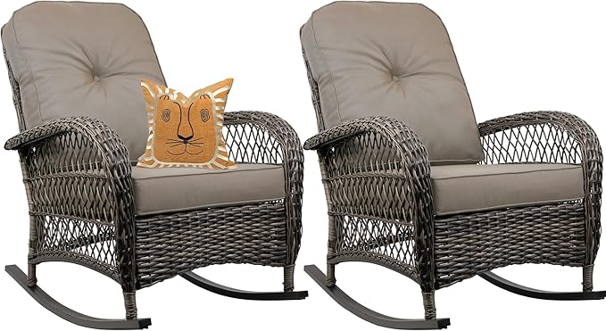 Outdoor Wicker Rocking Chair, All Weather Resin Rattan Wicker Rocking Chairs, for Garden Backyard Lown Porch,2pc,Brown