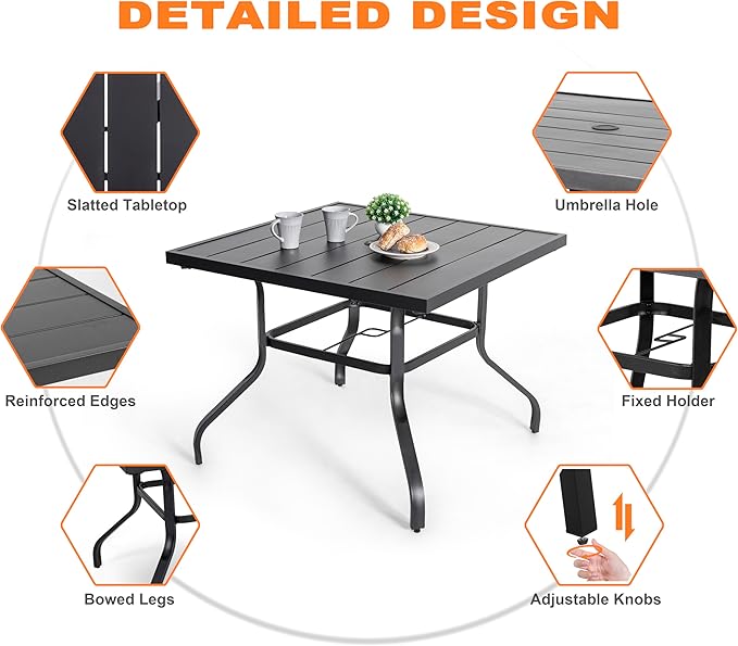 NUU GARDEN 5 Piece Patio Dining Set, Outdoor Metal Dining Table and Chairs with Umbrella Hole, All Weather Padded Textilene Chairs, Square Patio Table Set for Backyard, Deck, Garden, Light Grey