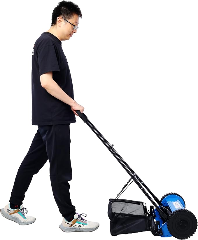 16-Inch 5-Blade Push Reel Lawn Mower with Grass Catcher, 4 Wheels (Blue)