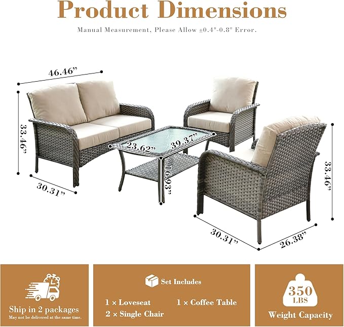 4 Pieces Patio Furniture Set, Small Outdoor Patio Set with Coffee Table, All-Weather Rattan Wicker High Back Conversation Set Loveseat with Chairs for Porch, Backyard, Balcony, Beige