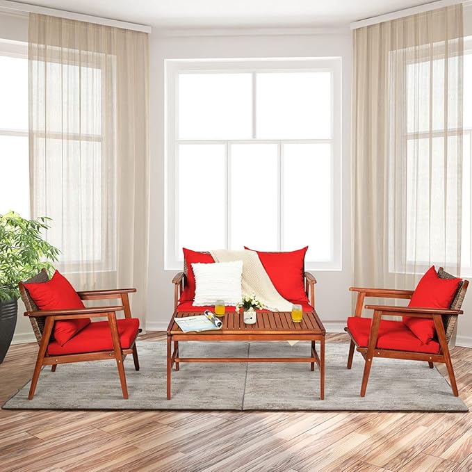 Tangkula 4 PCS Patio Wood Sofa Set, Outdoor Acacia Wood Seating Chat Set with Cushions & Coffee Table, Sectional Conversation Sofa Set for Garden, Backyard, Poolside (1, Red)