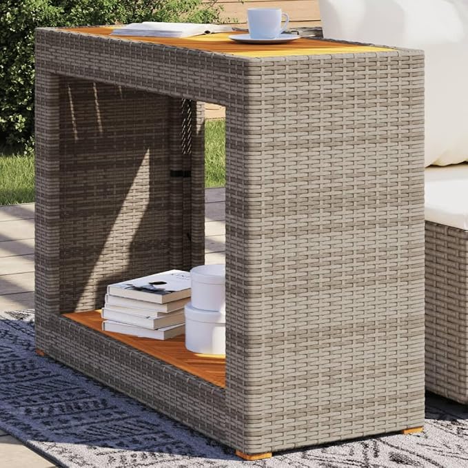 vidaXL Patio Side Table with Wooden Top, Exterior Tea Table with Storage, Rectangular Coffee Table for Garden Backyard, Modern, Gray Poly Rattan