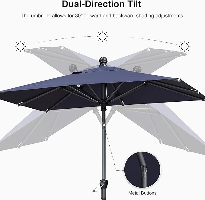 PURPLE LEAF 8' x 5' Rectangular Patio Umbrella Outdoor Table Umbrella Aluminum Frame Market Umbrella Sun Umbrella with 8 Sturdy Ribs & Tilt for Garden Deck Lawn & Pool Navy Blue