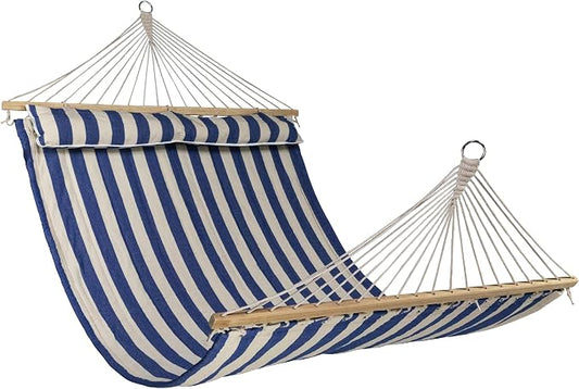 Striped Quilted Two Person Double Hammock with Pillow - 9' x 55" - Blue and Cream
