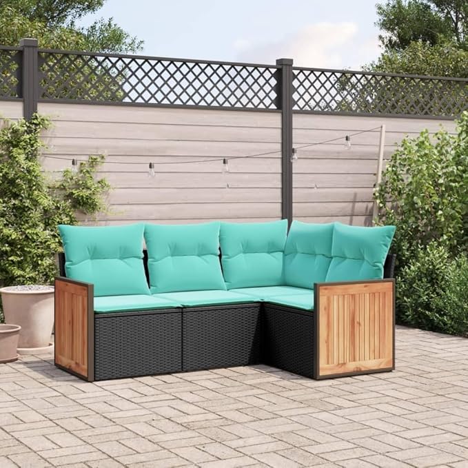 4 Piece Patio Sofa Set with Cushions, Front Porch Furniture Garden Lounge Set Sectional Sofa Patio Conversation Set for Garden Piazza Negotiation Area Exhibition Black Poly Rattan