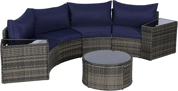 KEIKI Outdoor Patio Furniture 7-Piece Half-Moon Curved Sectional Sofa Set, All-Weather Wicker Patio Conversation Set with Round Coffee Table and 2 Storage Armrests for Poolside Backyard, Dark Blue